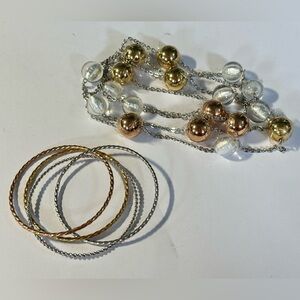 DSMK Stainless Tri Color Necklace Bracelet Lot Glass Metal Beads Twisted Bangle